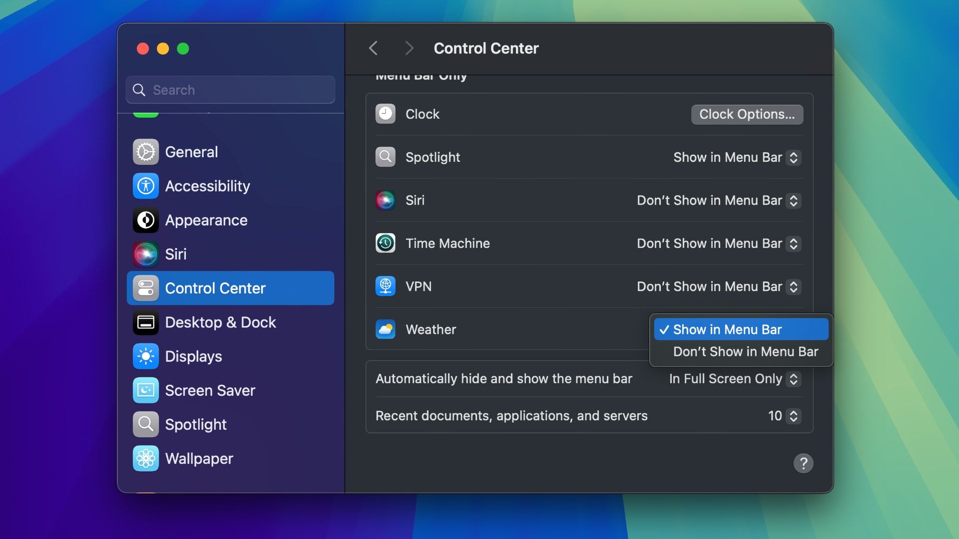 The Mac's System Settings app with the "Show in Menu Bar" option enabled for the Weather app in the Control Center section.