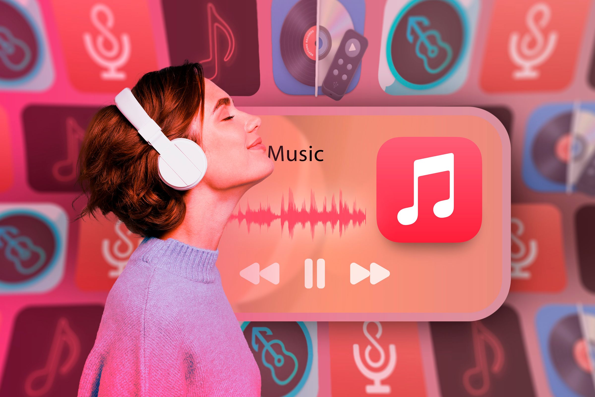 A woman wearing headphones listening to music, with a music player and some third-party apps logos in the background.