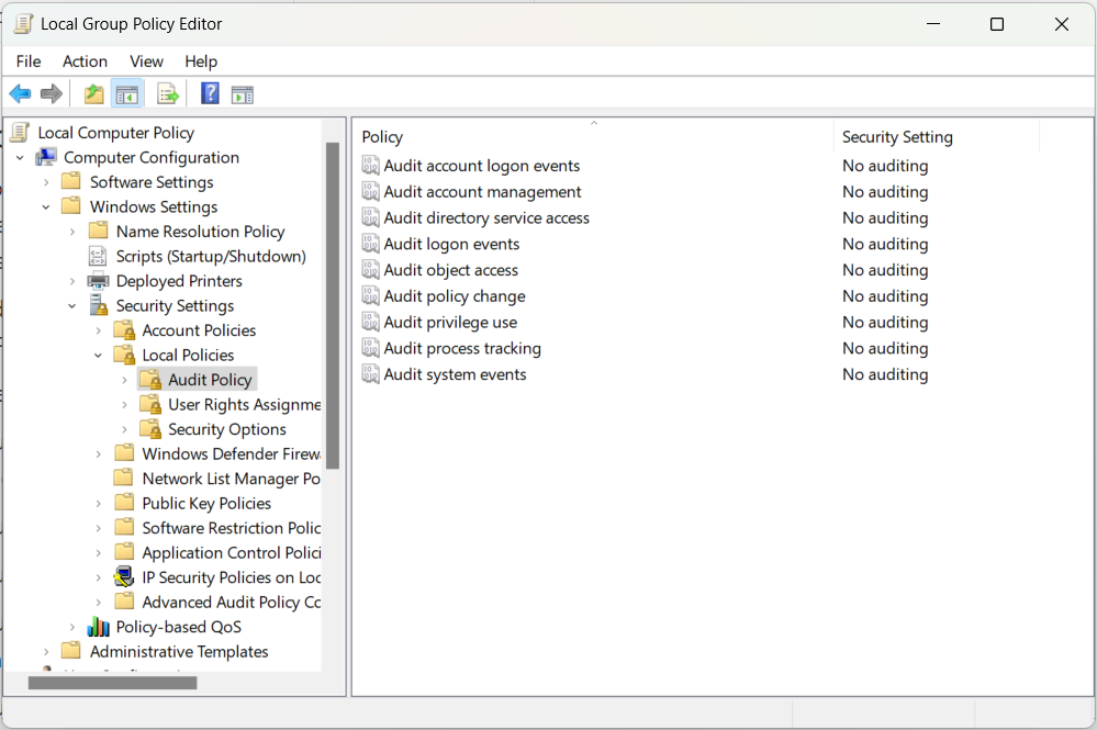 The audit policies in the Group Policy Editor on Windows.