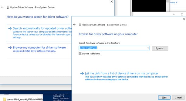 Select 'Browse my computer for driver software' and locate the backup file