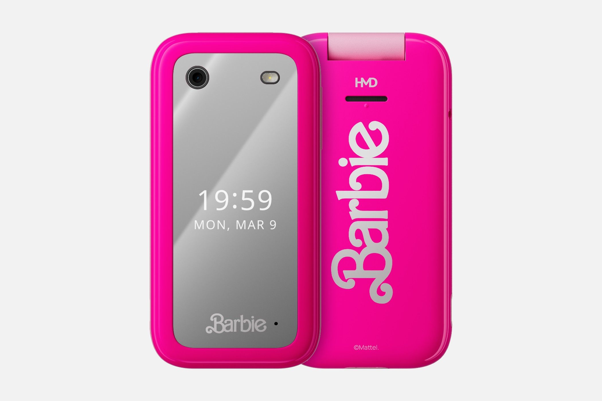 pink Barbie phone with flip capabilities