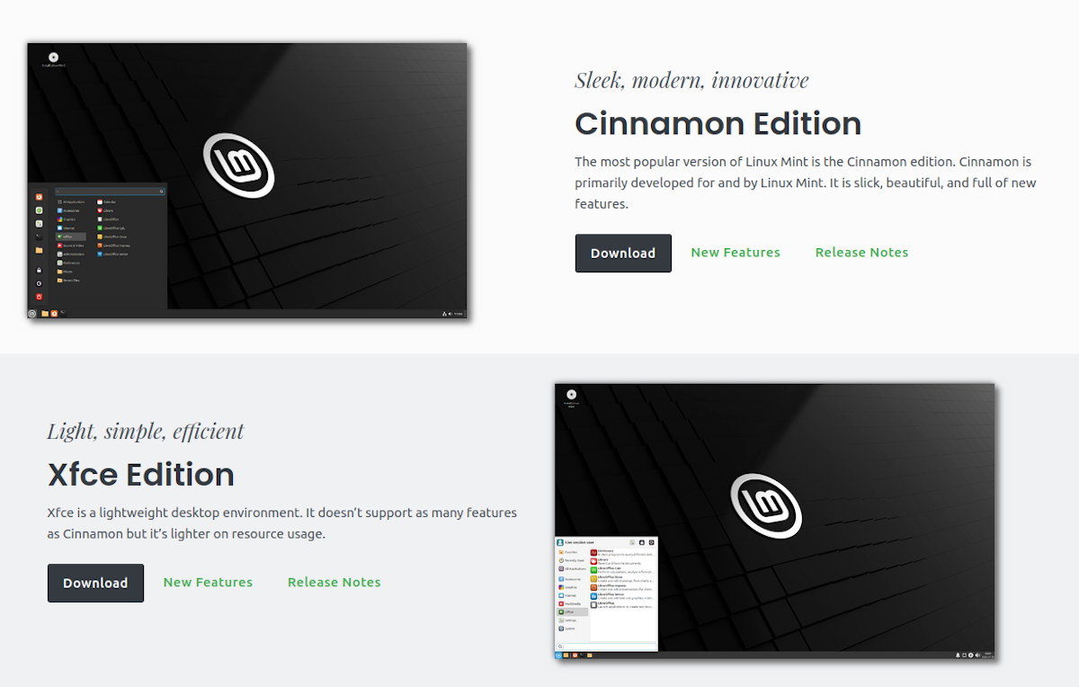 Comparison of Cinnamon and Xfce on the Linux Mint website.