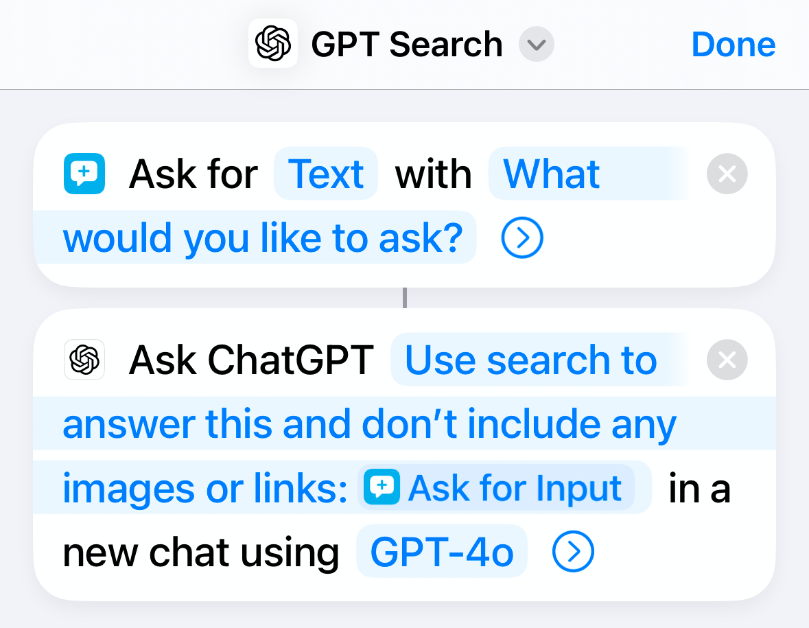 Completed ChatPGT Search shortcut on iPhone.