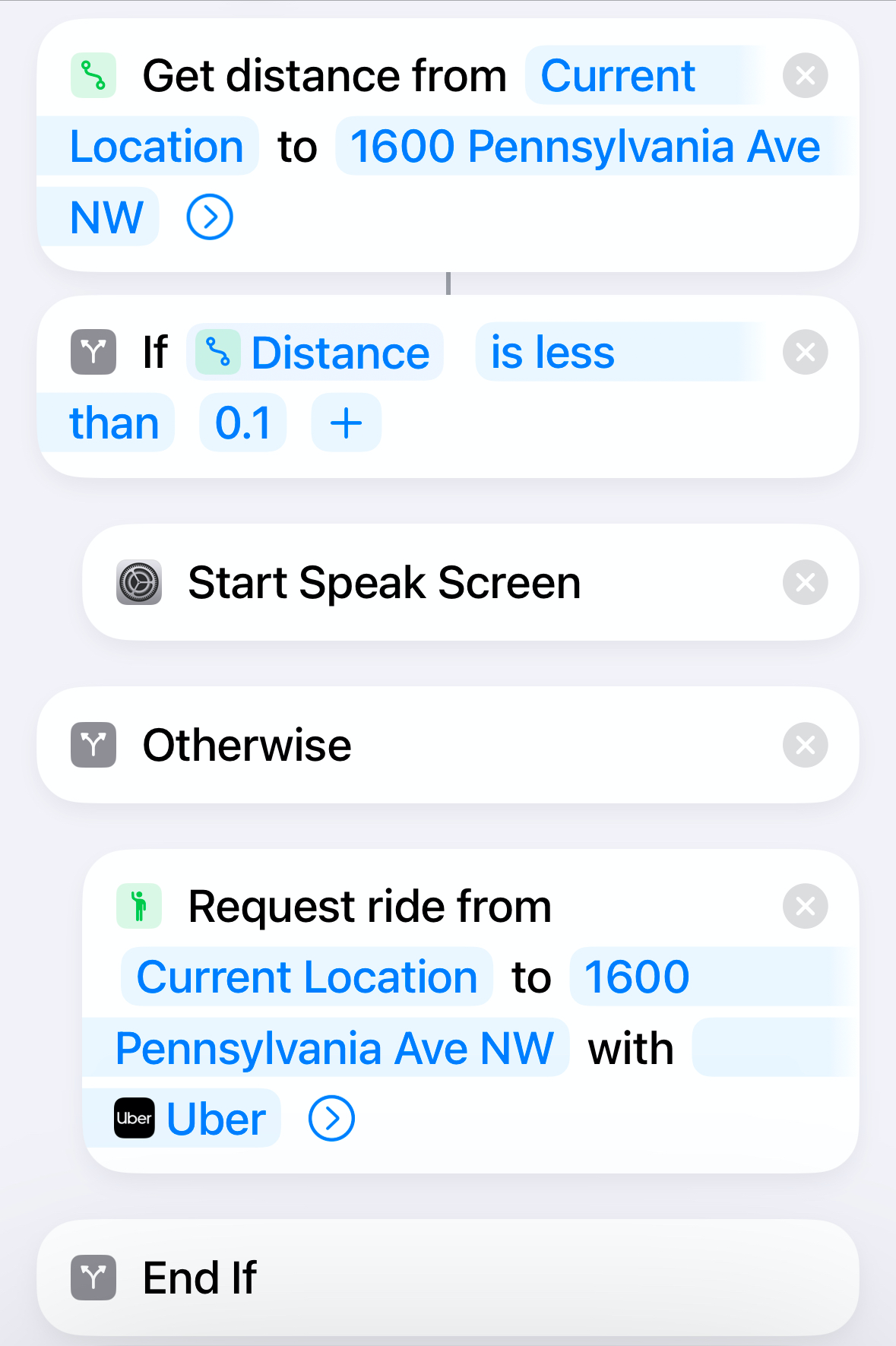 Completed Location shortcut in the Shortcuts app on iPhone.