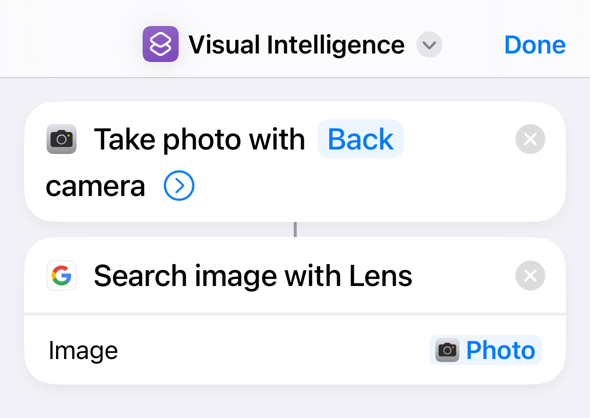 Completed Visual Intelligence shortcut in Shortcuts app on iPhone.