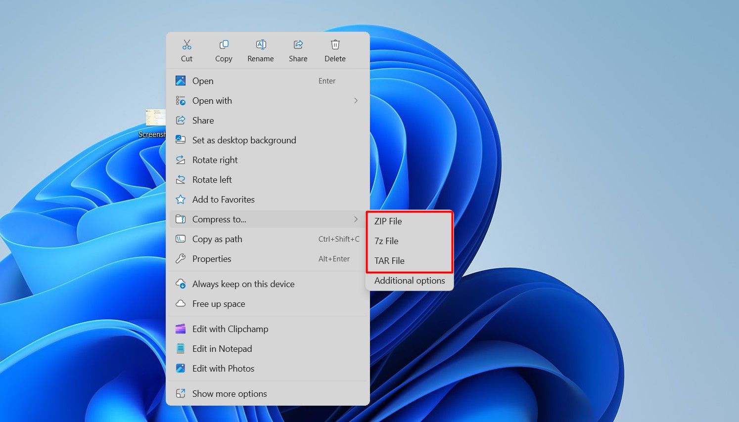 Compress to option in the Windows 11 Context menu.