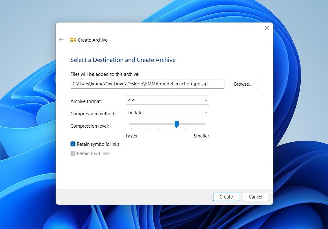 Create Archive dialog box in Windows 11 24h2