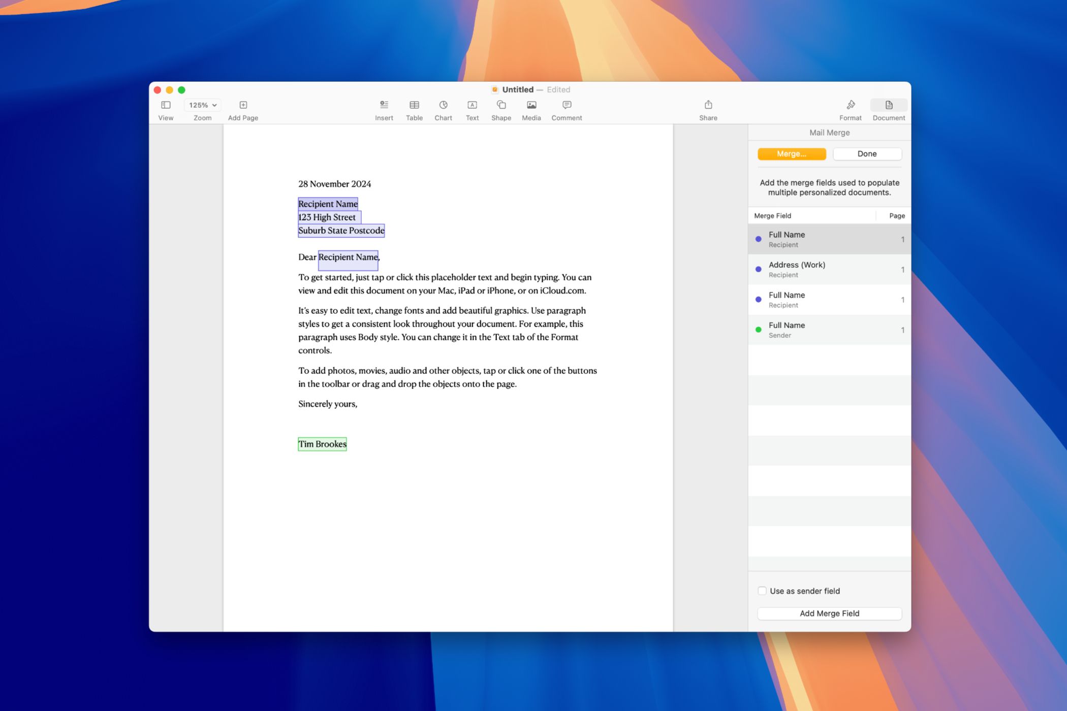 Creating a mail merge in Pages on macOS.