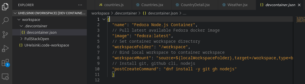 A screenshot of the location and contents of the devcontainer.json file in VSCode.