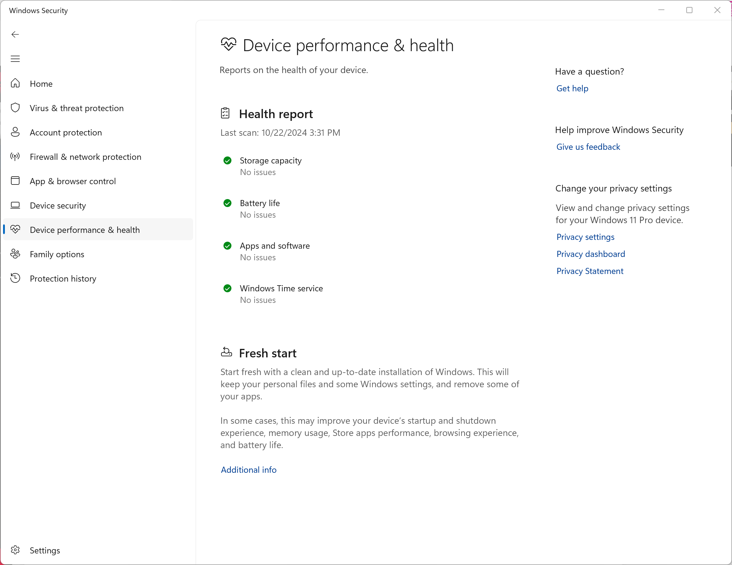 The Device Performance and Health section.