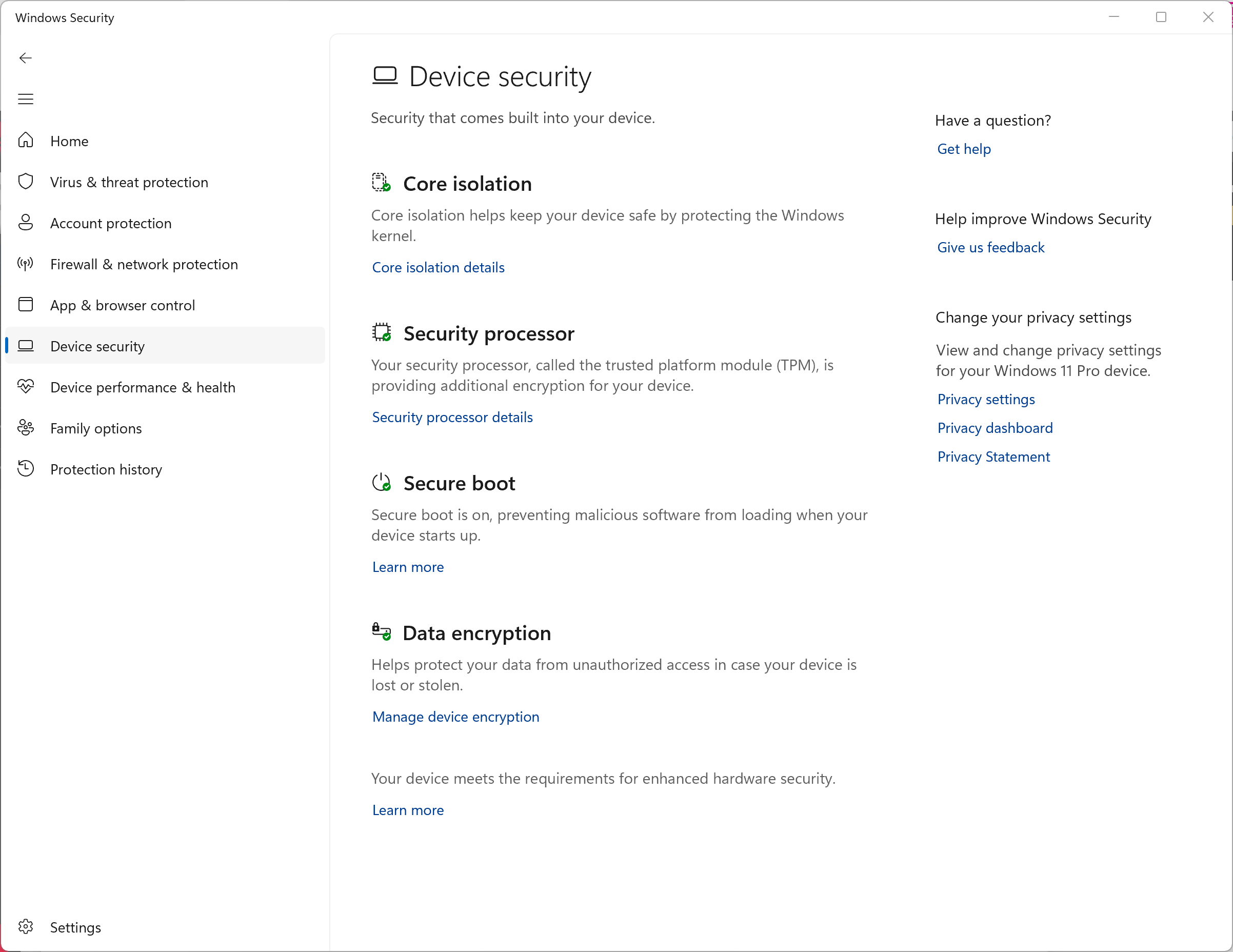 The Device Security section of Windows Security.