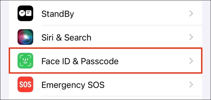 Face ID & Passcode option in iPhone settings.