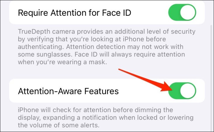 Attention Aware Features toggle in iPhone settings.