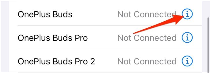 i button next to Bluetooth devices in iPhone settings.