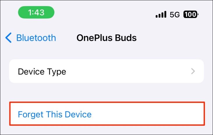 Option to Forget This Device in iPhone Bluetooth settings.