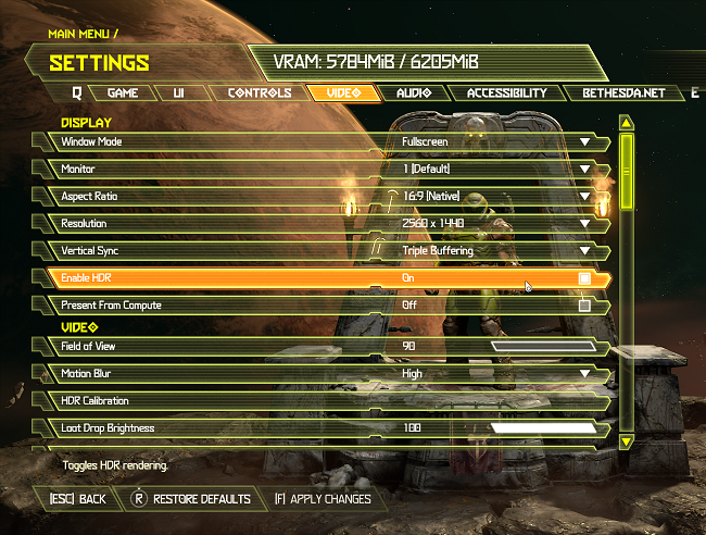 Doom Ethernal's Video settings screen