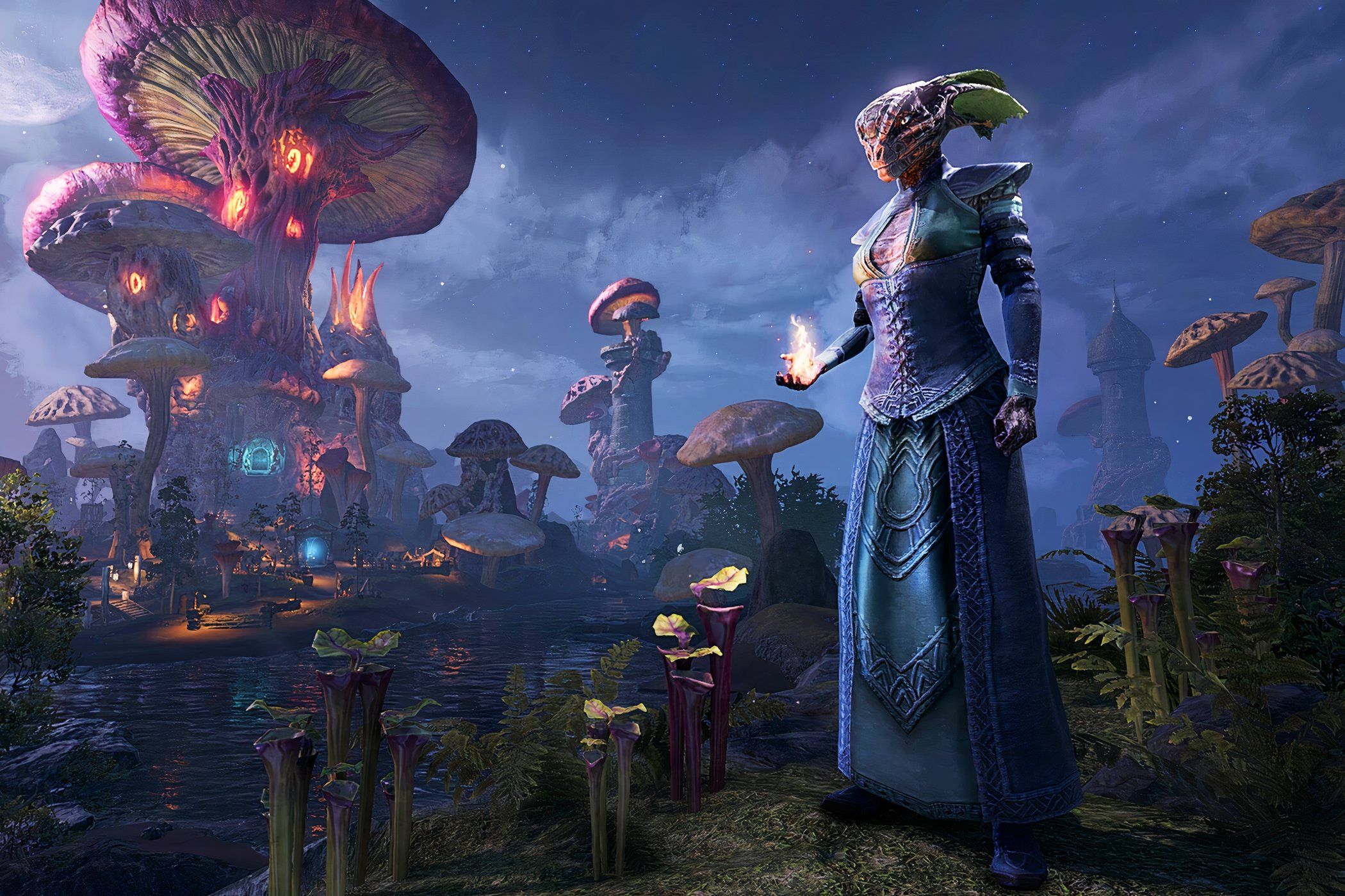 An Argonian holding fire in her hand near a city in Elder Scrolls Online.