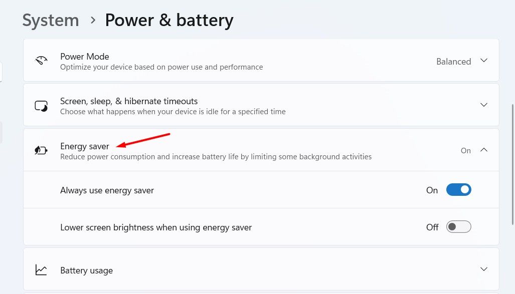 Energy Saver option in the Windows 11 Settings menu.