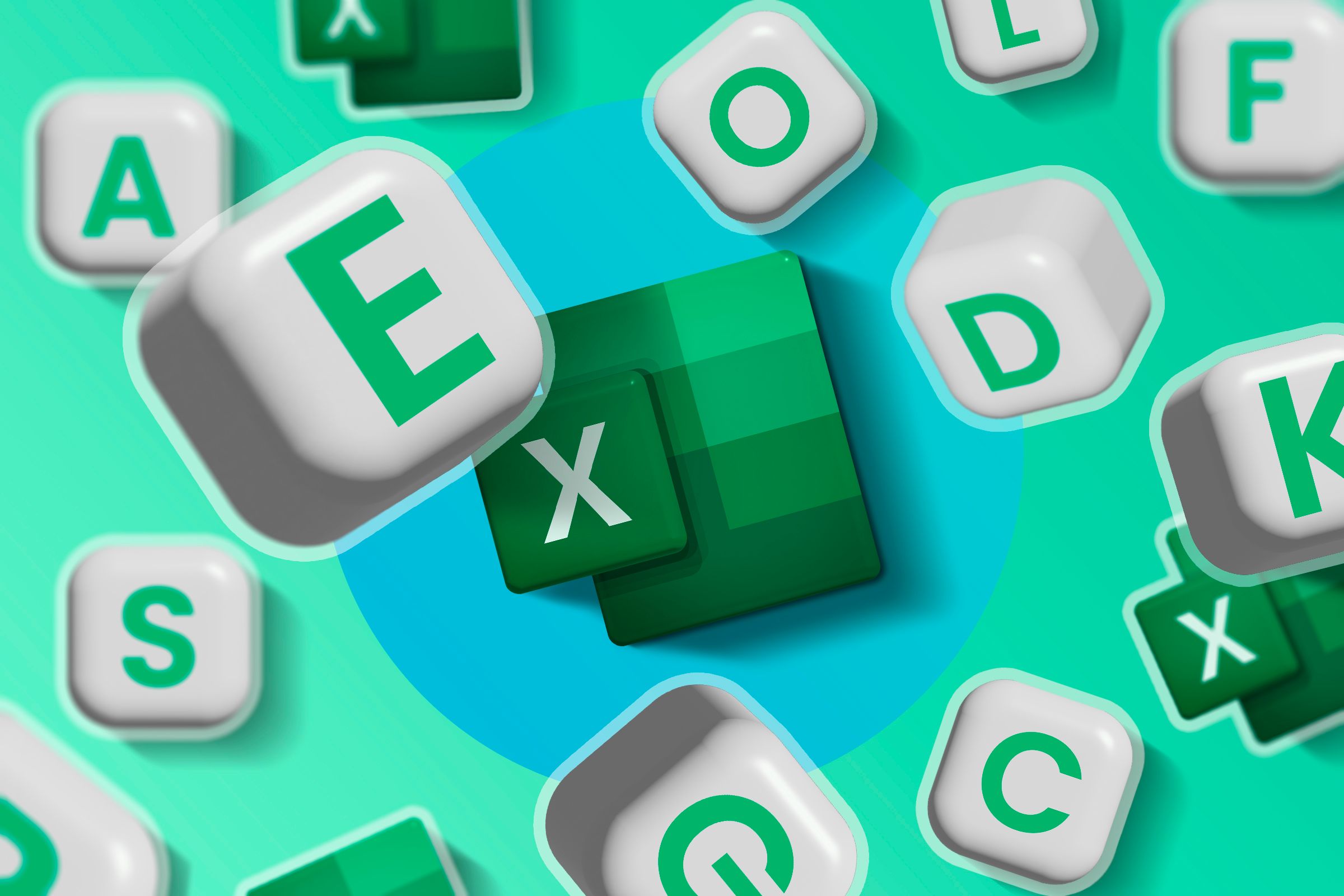 Excel logo surrounded by various letters.