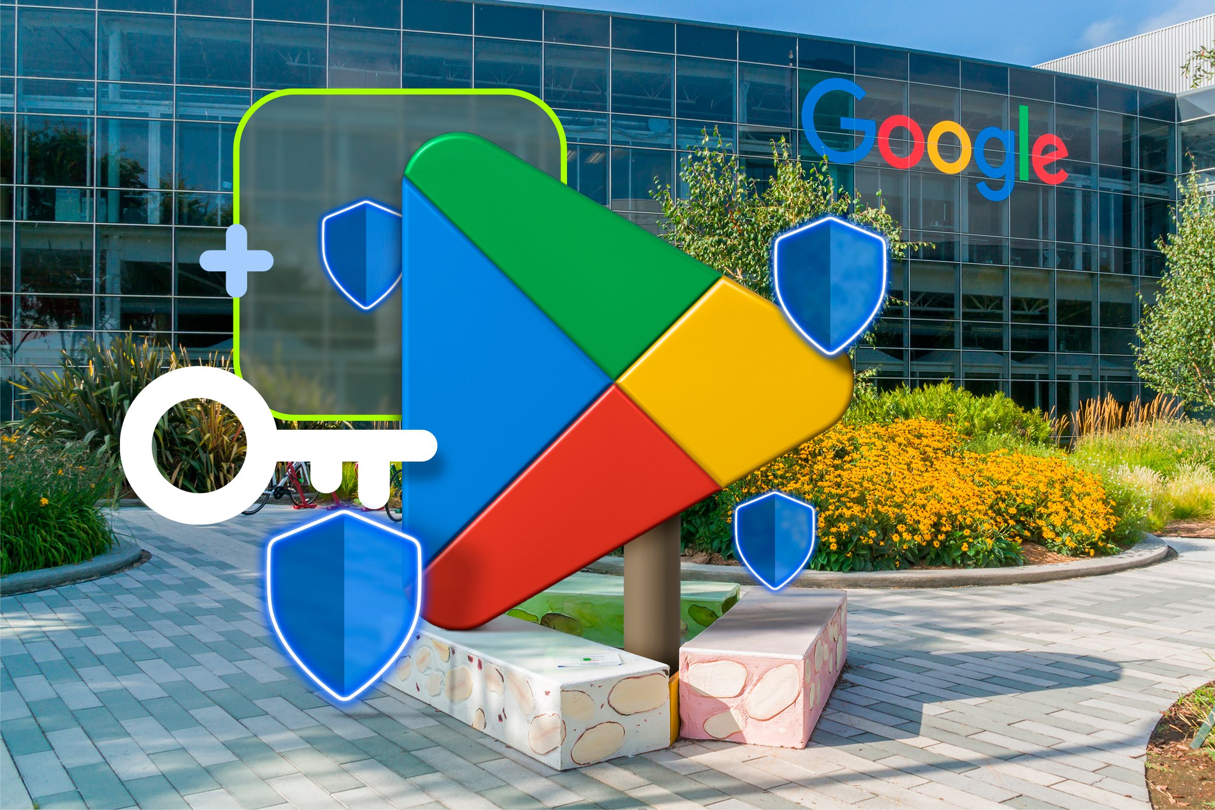 Front of Google headquarters with the Google Play logo and security-related icons.