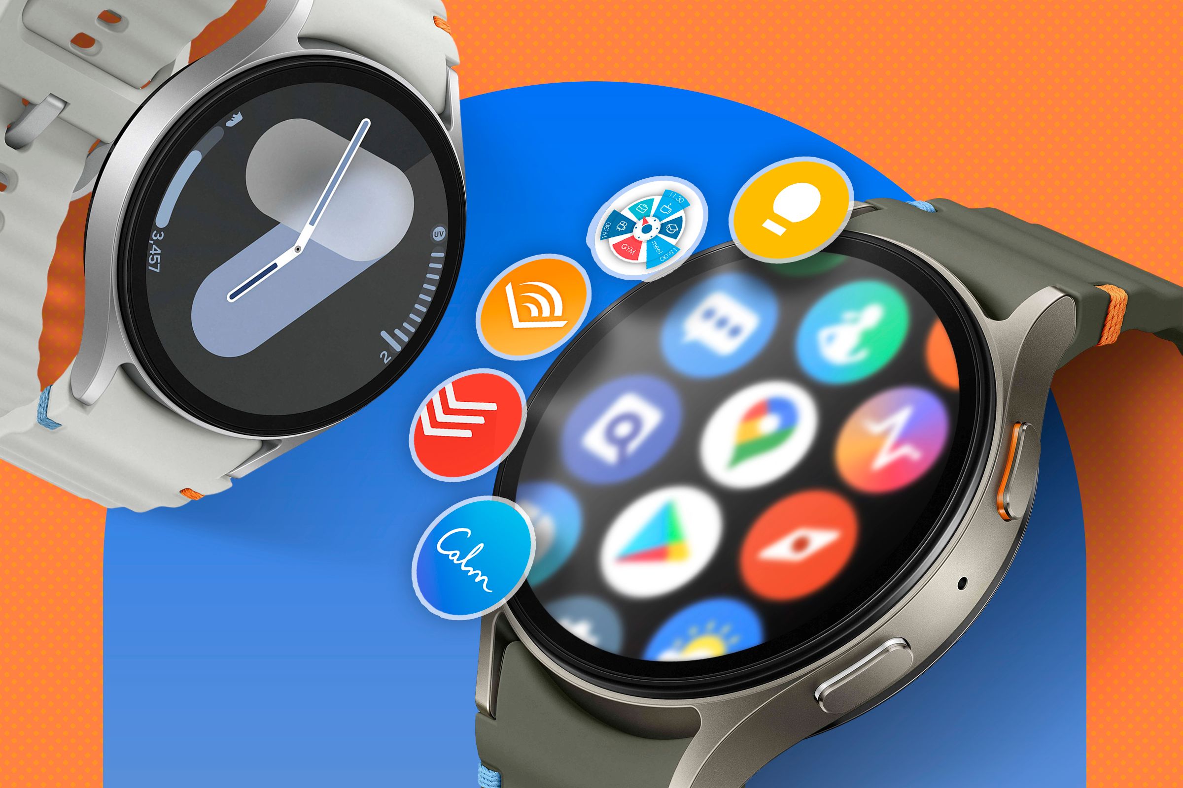 Galaxy Watch on the apps screen with some apps highlighted beside the screen.