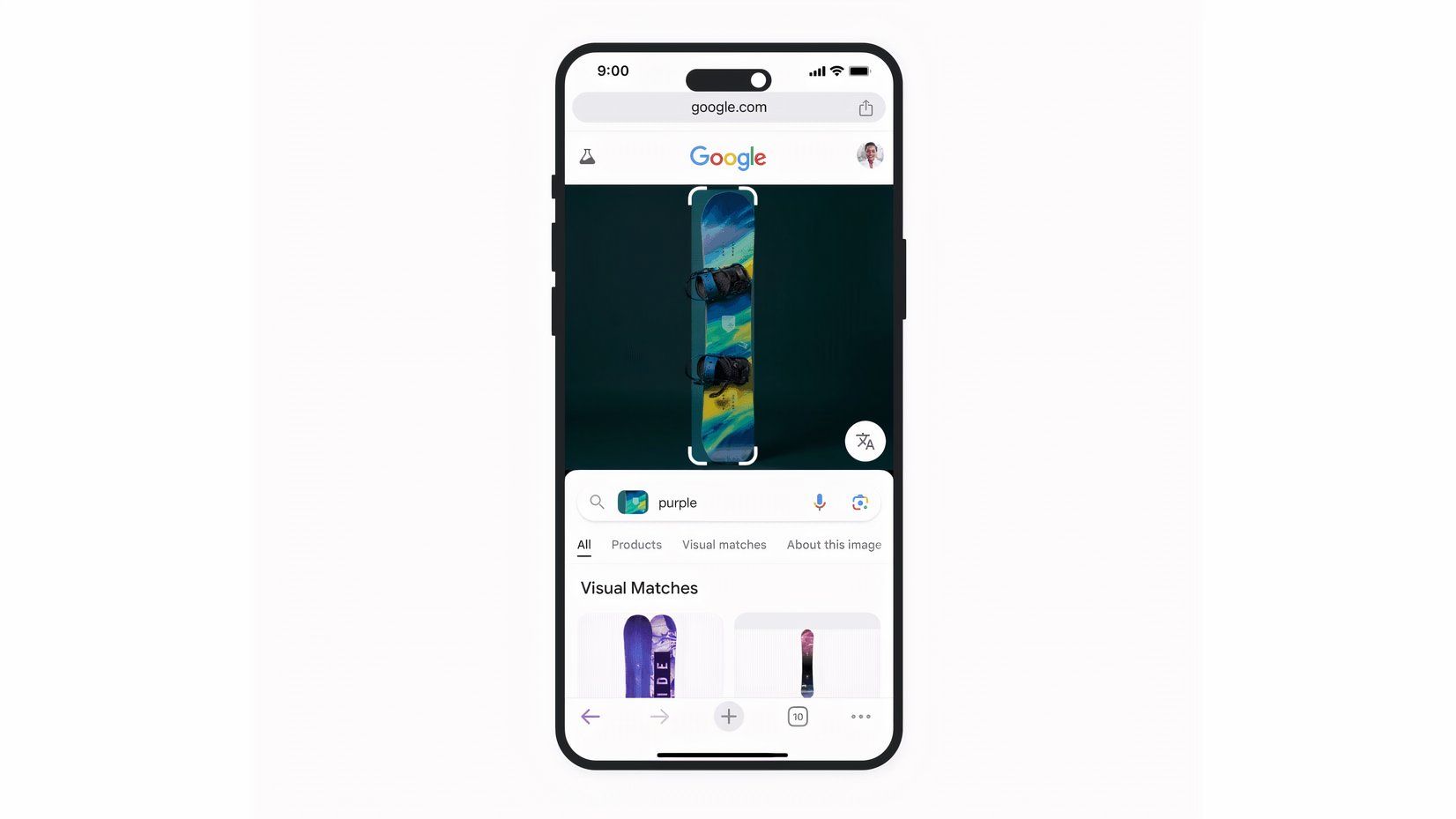 Google Chrome for iPhone displaying visual search results in Lens for earbuds, modified with a "purple" keyword.