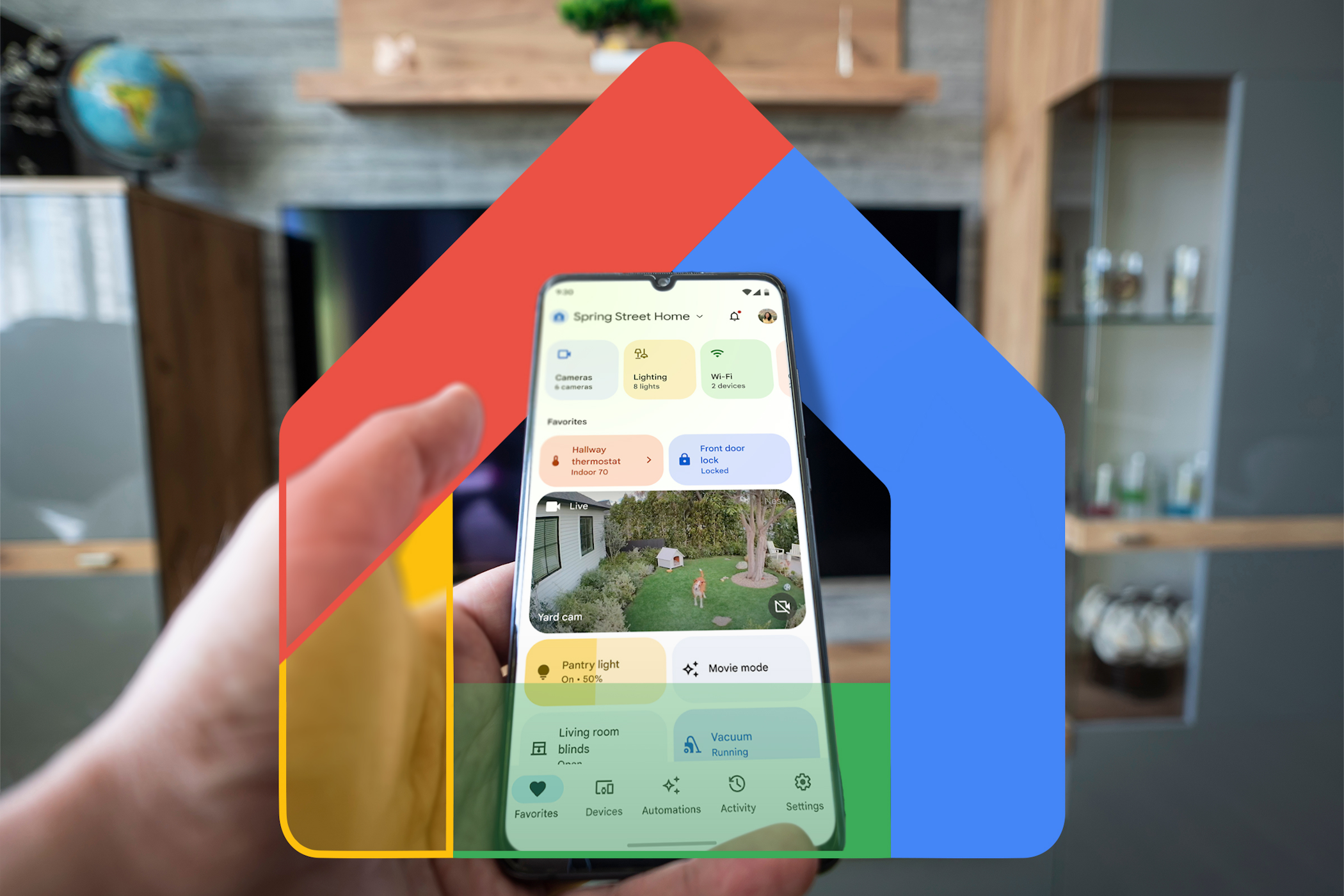 A person using Google Home on their phone with the Google Home logo surrounding the device.