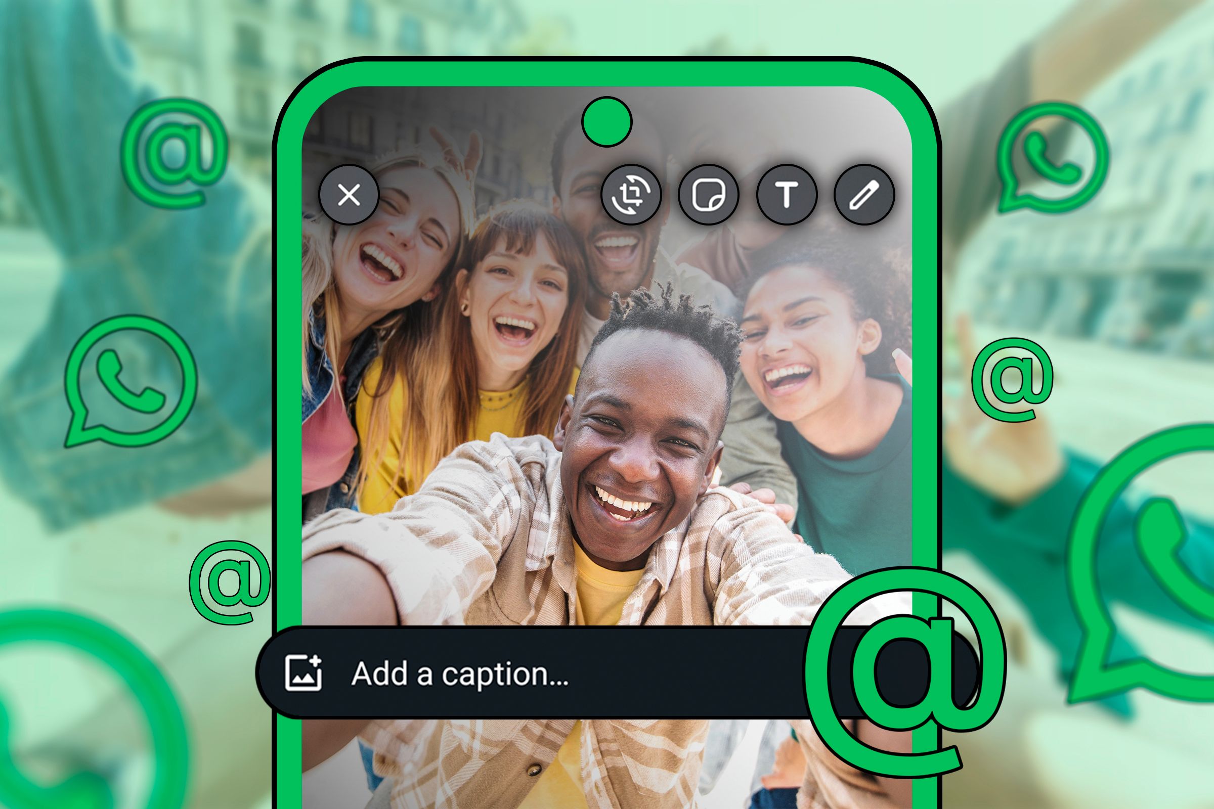 Group of people taking a selfie for WhatsApp status with several mention icons around.