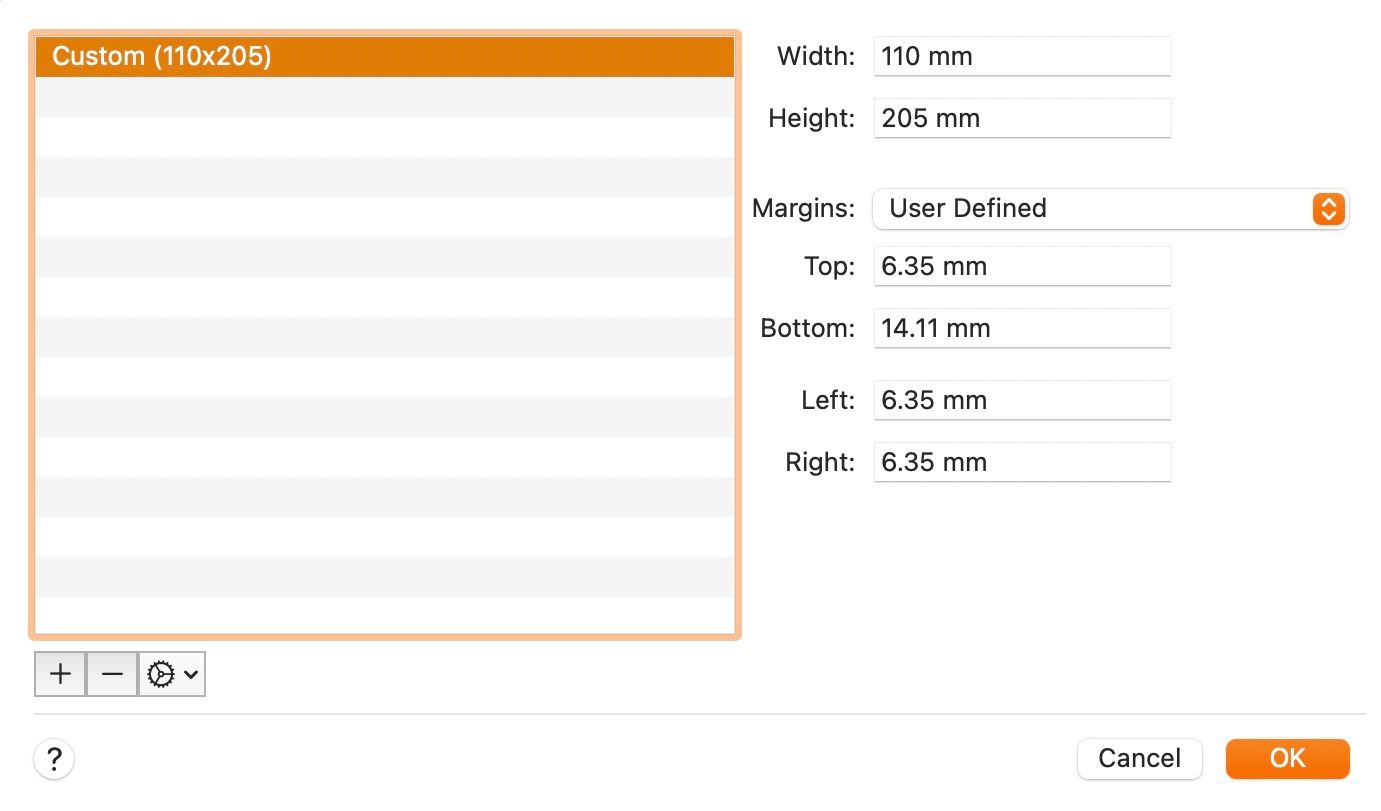 Creating a custom paper size for a document in Pages on a Mac.