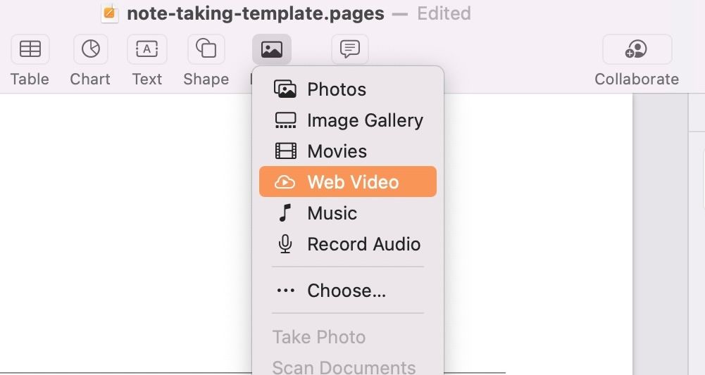 Web Video option in Media attachment in Apple Pages.