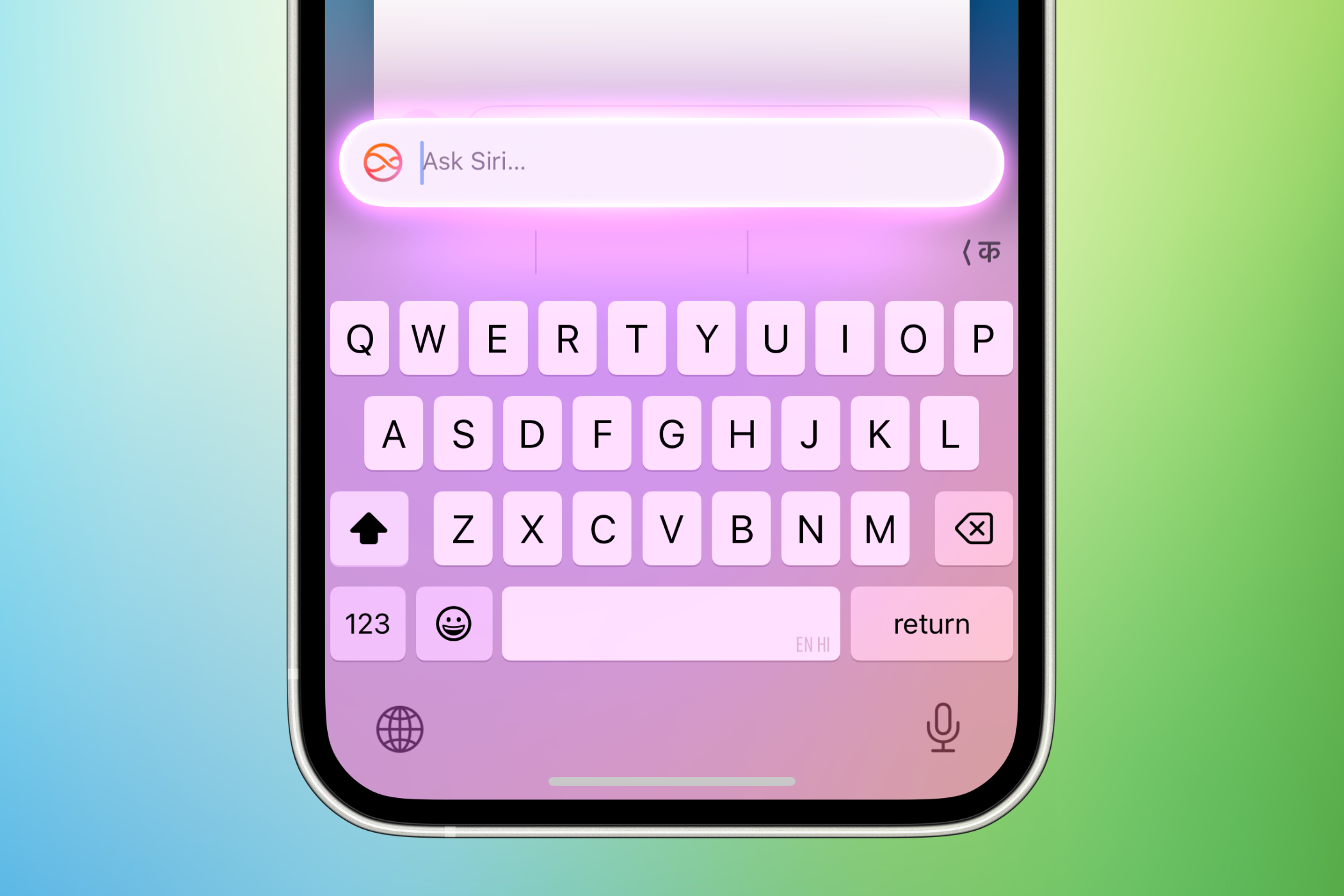 Screenshot of the Type to Siri interface on an iPhone 16 over a blue-green gradient background.