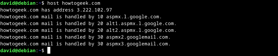 Running the host command on howtogeek.com in the Linux terminal.