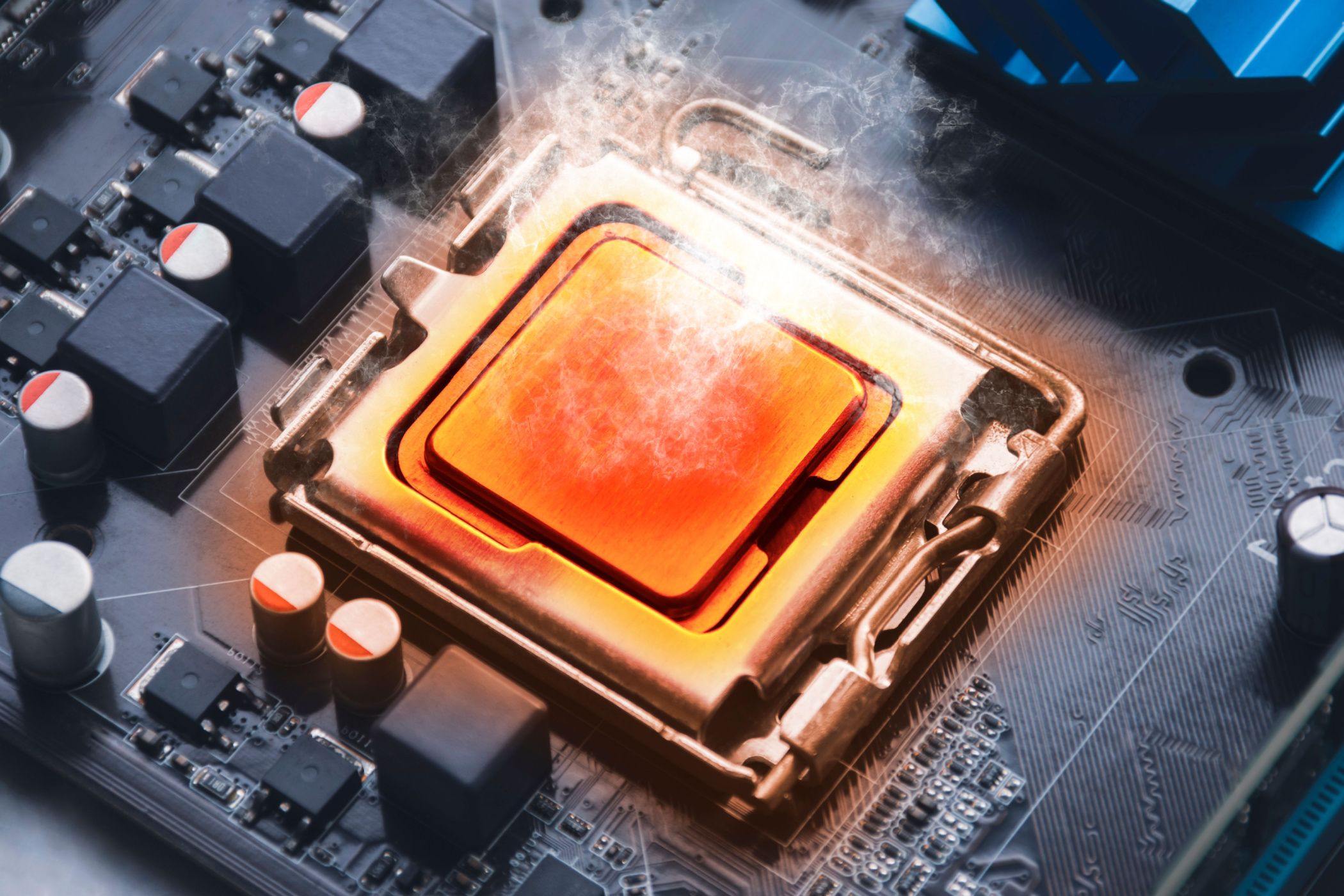 An artistic representation of a red-hot processor with smoke coming out is depicted on a computer motherboard.