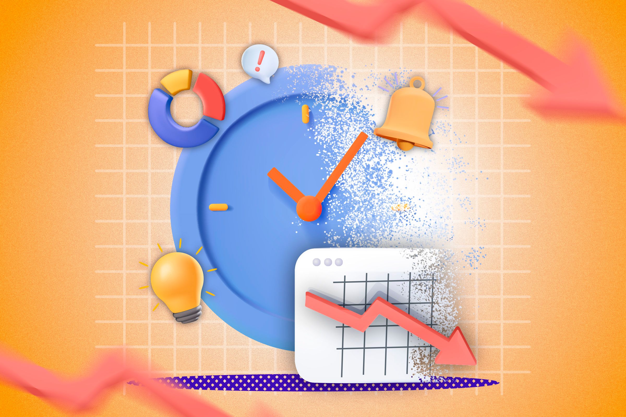 Illustration of a clock dissolving, with notification and graph icons around it indicating low productivity.