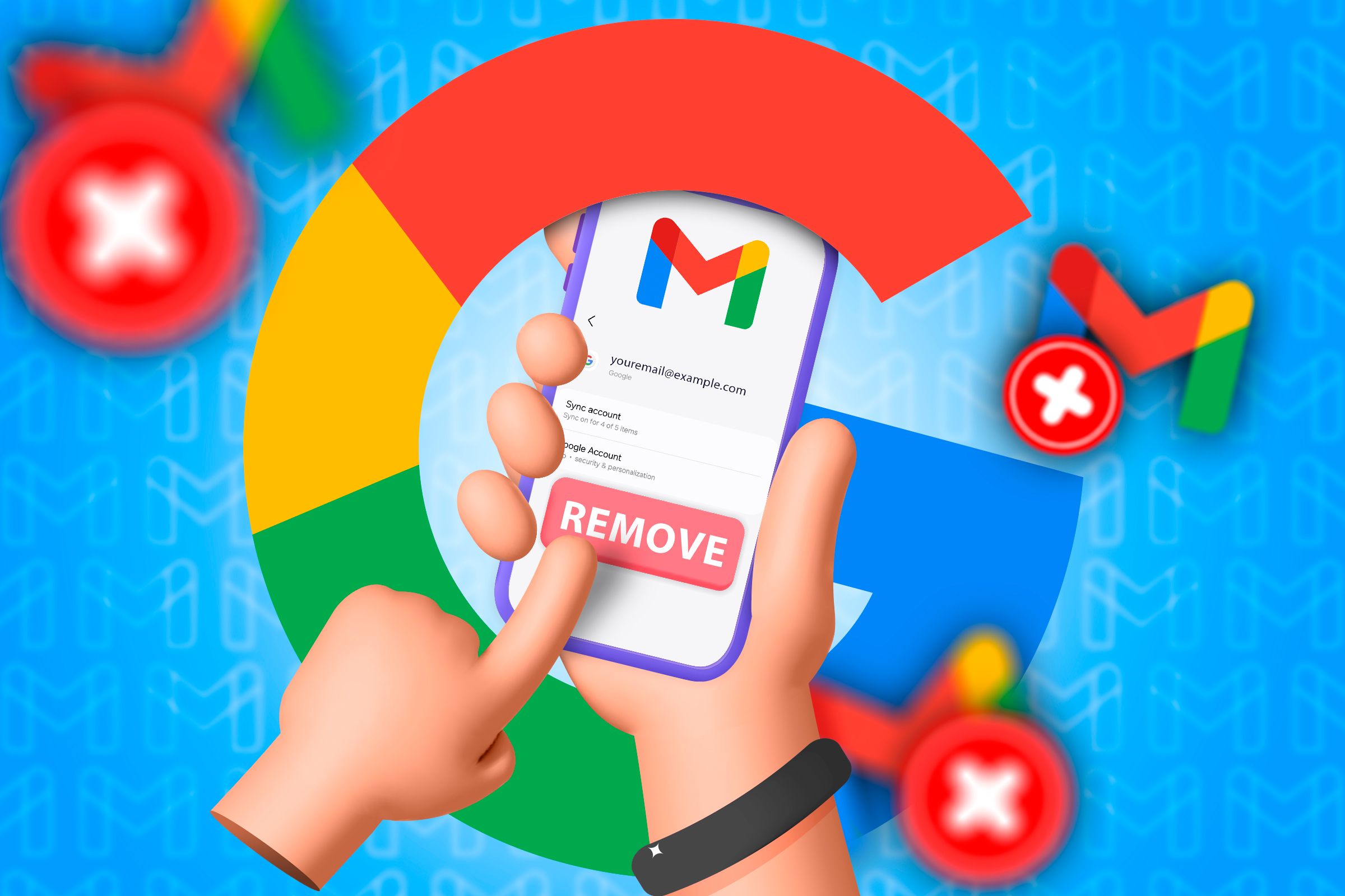 Illustration of a hand holding a cellphone removing a Gmail account.