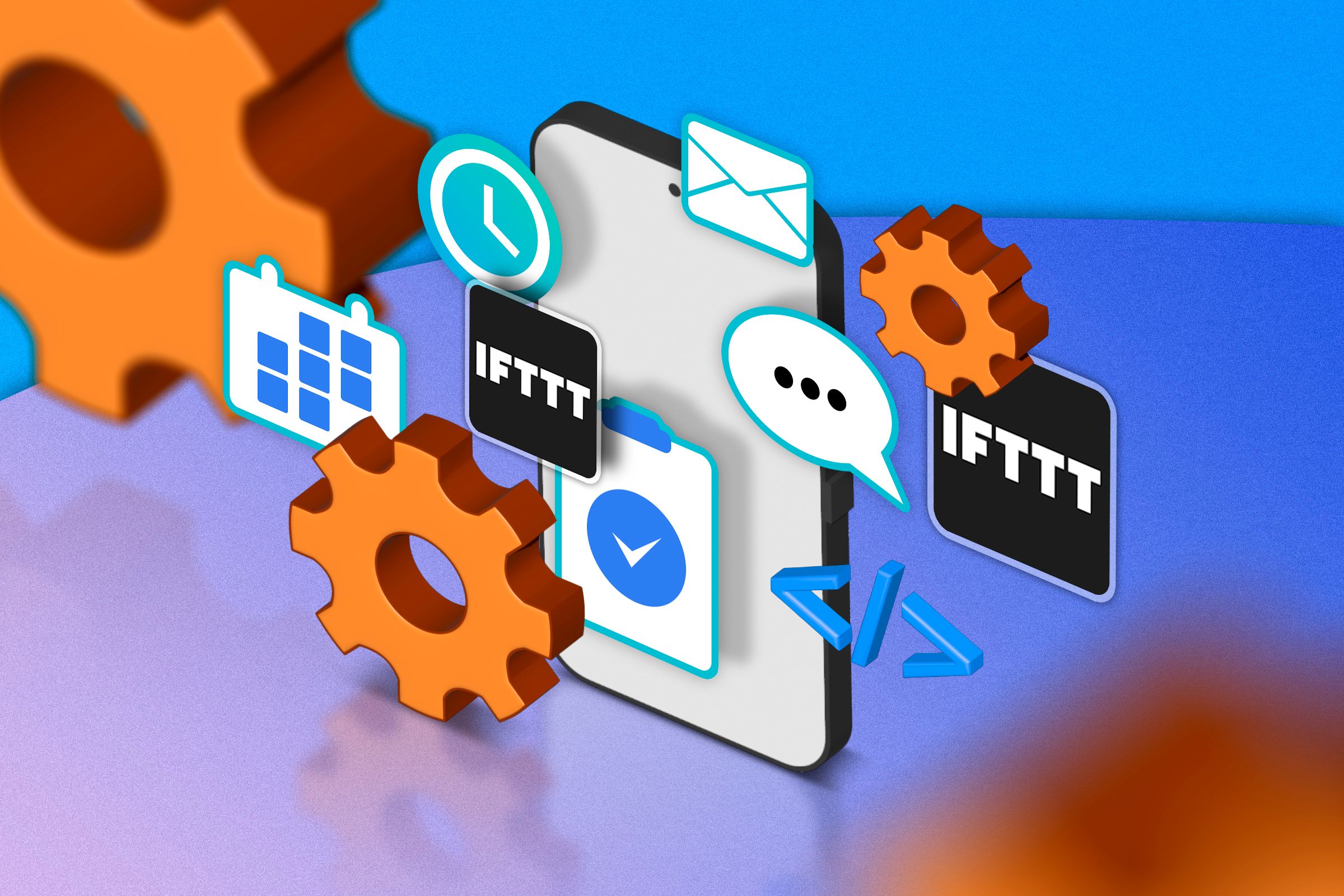 Illustration of a phone with some icons around, gears indicating automation, and the IFTTT logo.