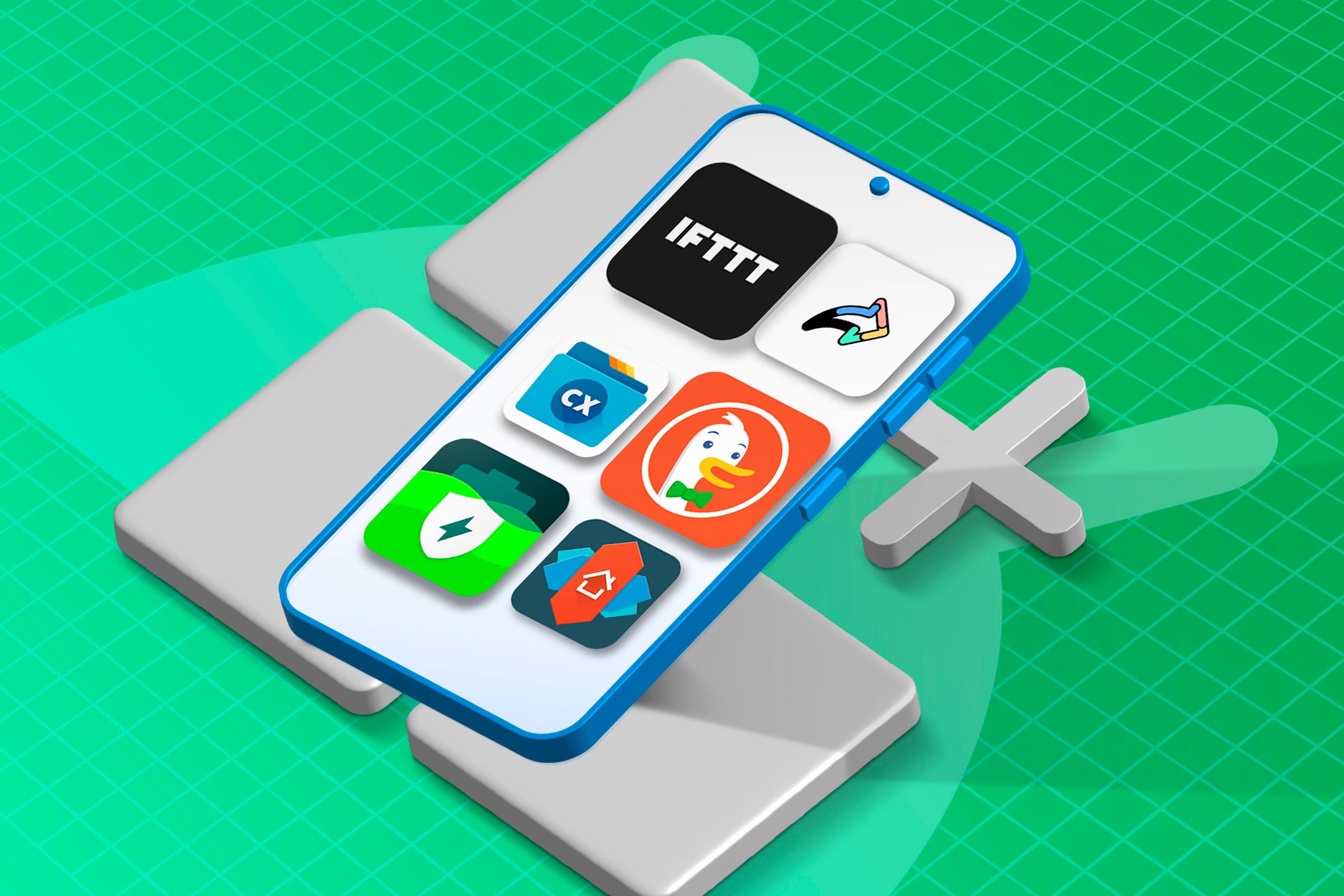 Illustration of a smartphone with some apps on the screen and an app icon in the background.