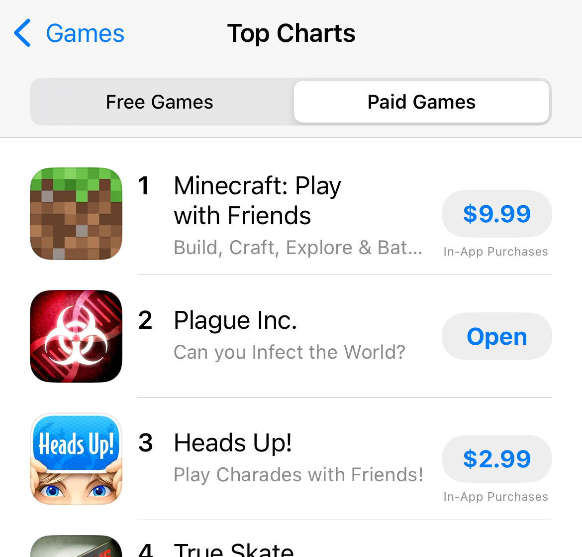 "Top Paid" games list on the App Store.