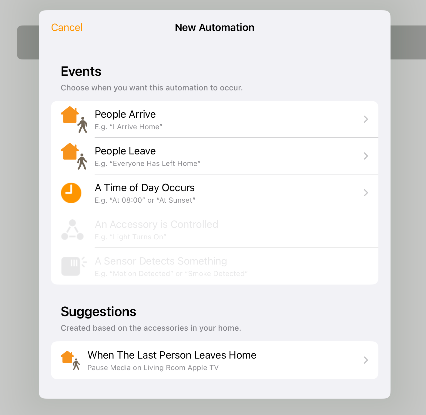 The HomeKit automations page.