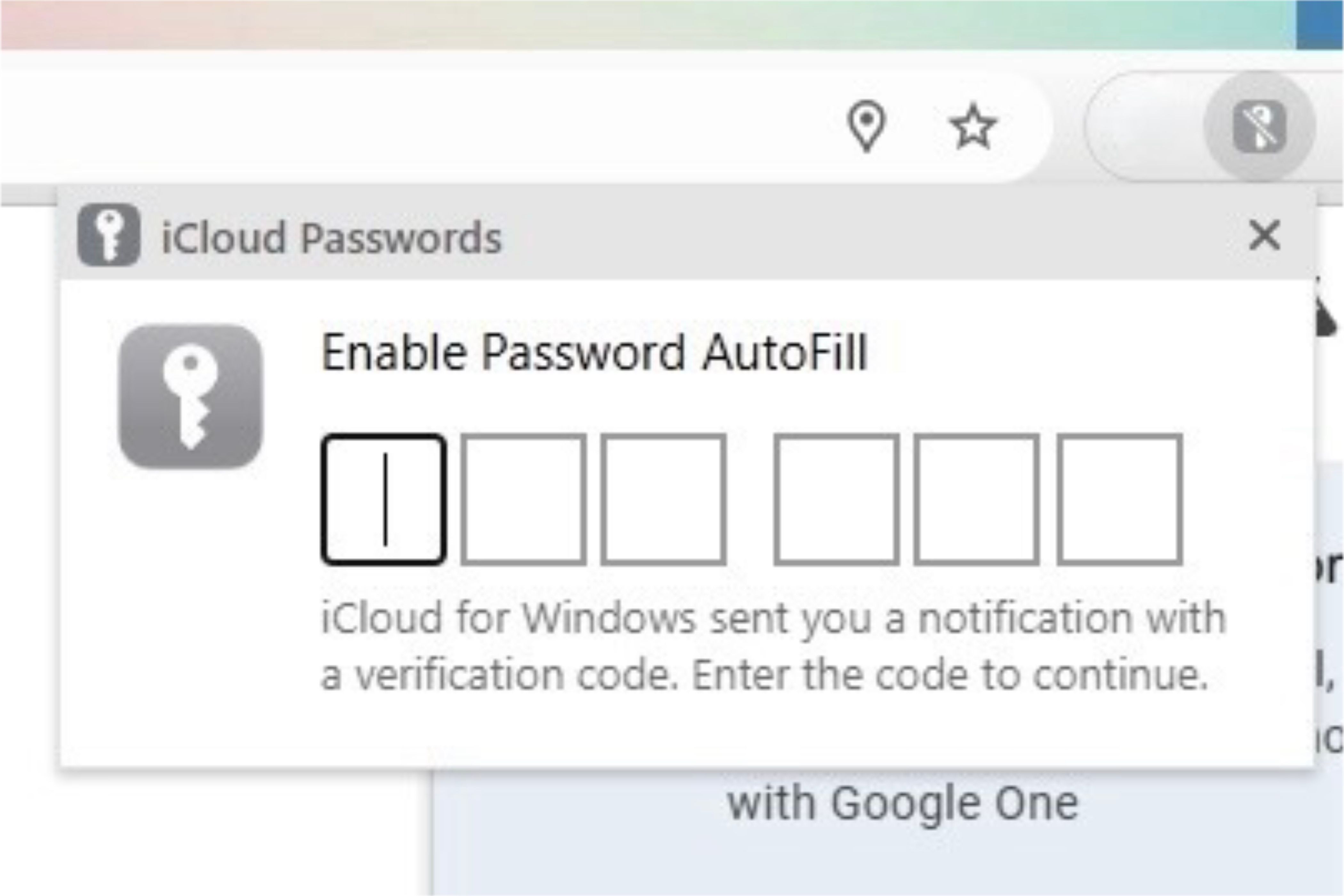 Prompt to enable iCloud Passwords autofill on Chrome browser.