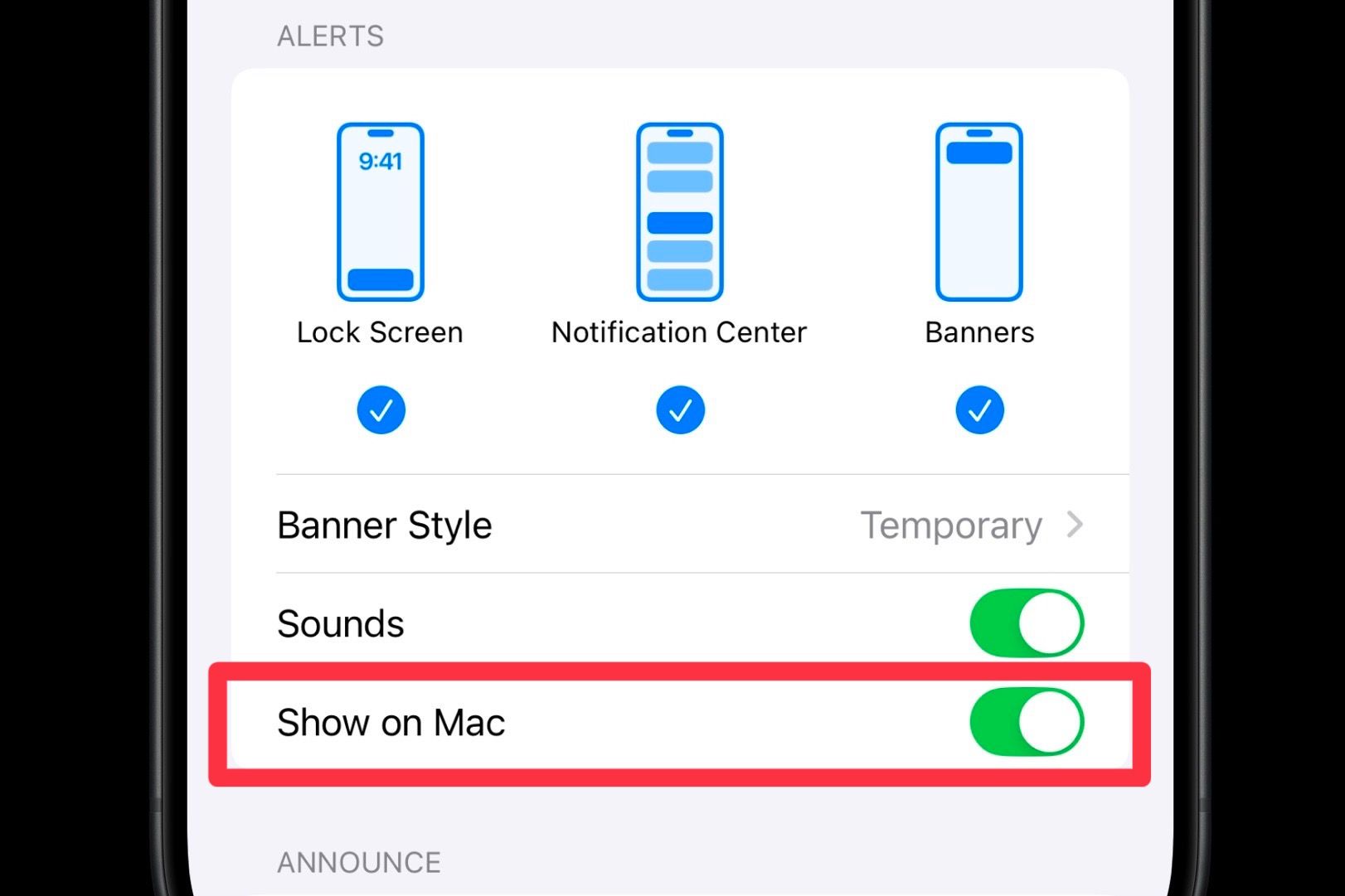 The option to show an app's notifications on Mac from your iPhone from iOS settings.