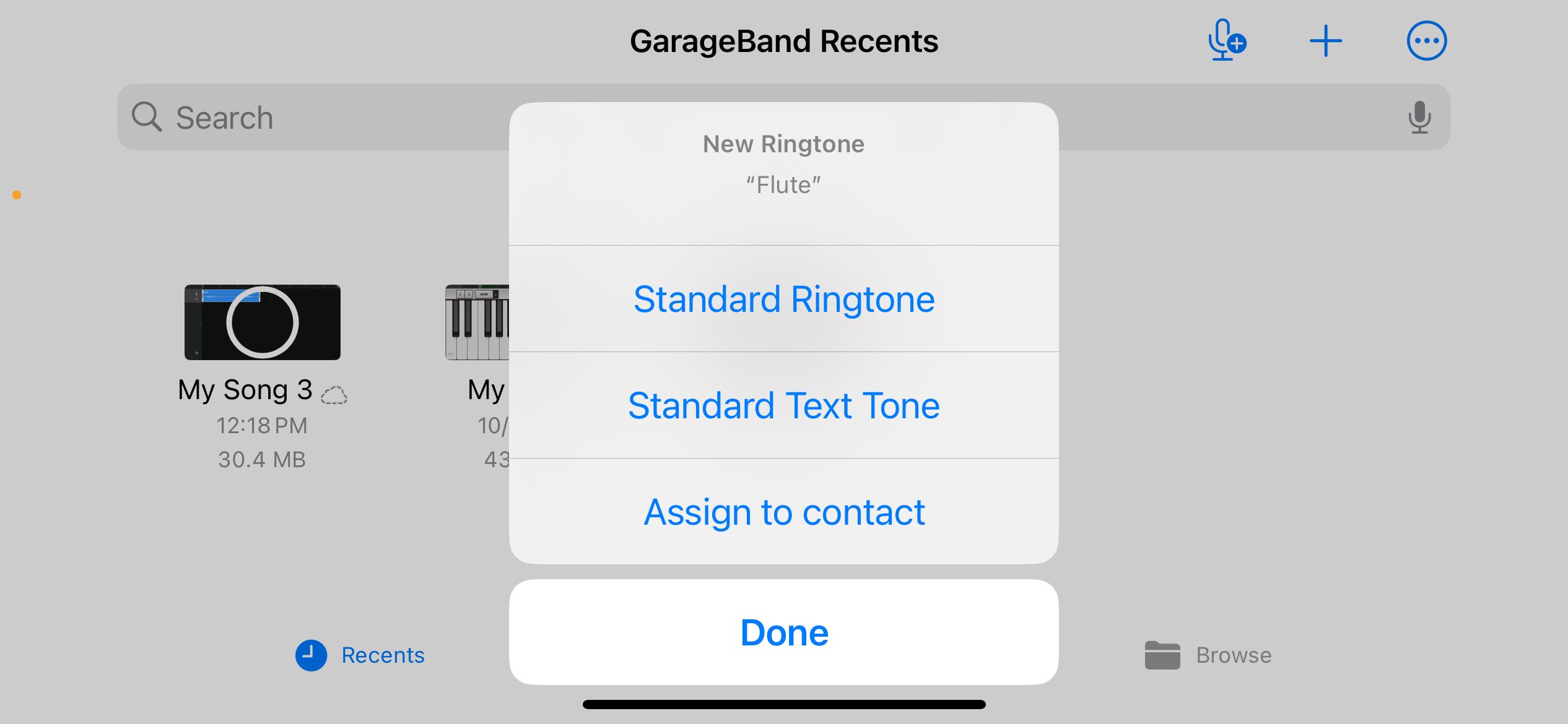 Choosing how to assign a ringtone after exporting it from Garageband.