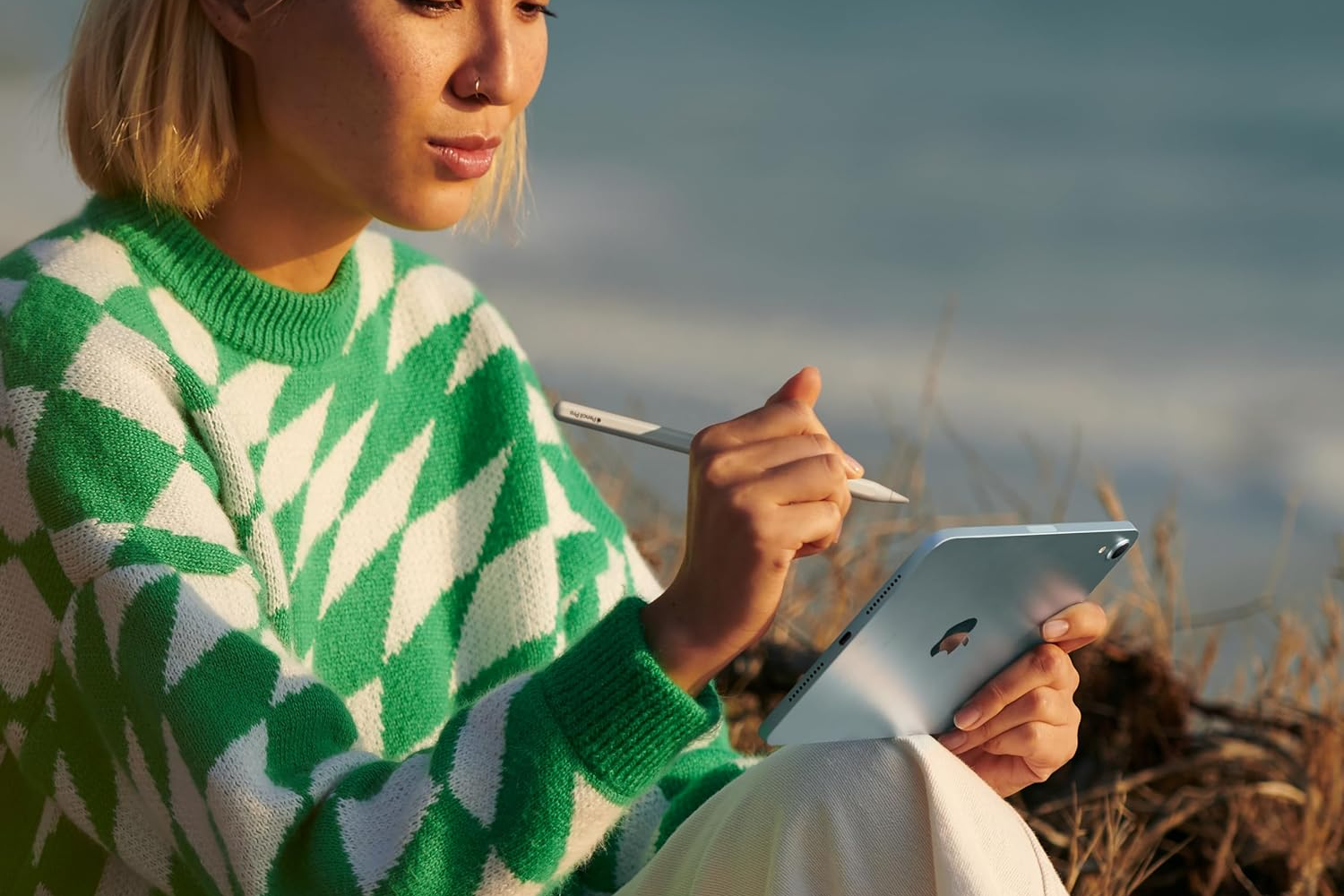 Person using an iPad Mini outside.