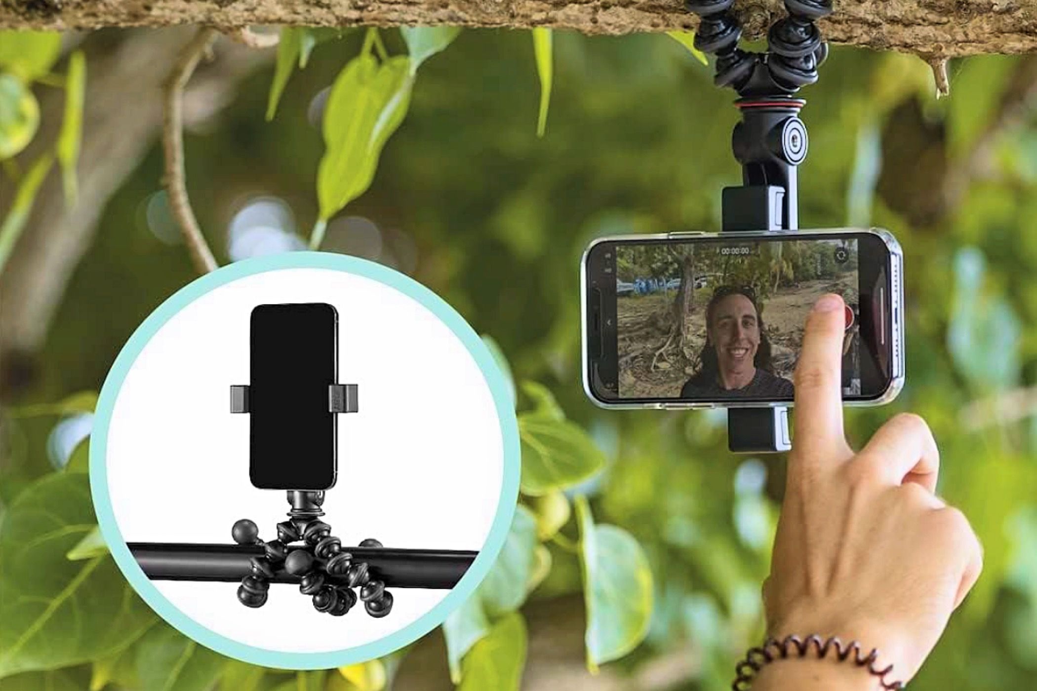 A Joby GripTight GorillaPod for MagSafe wrapped around a branch.