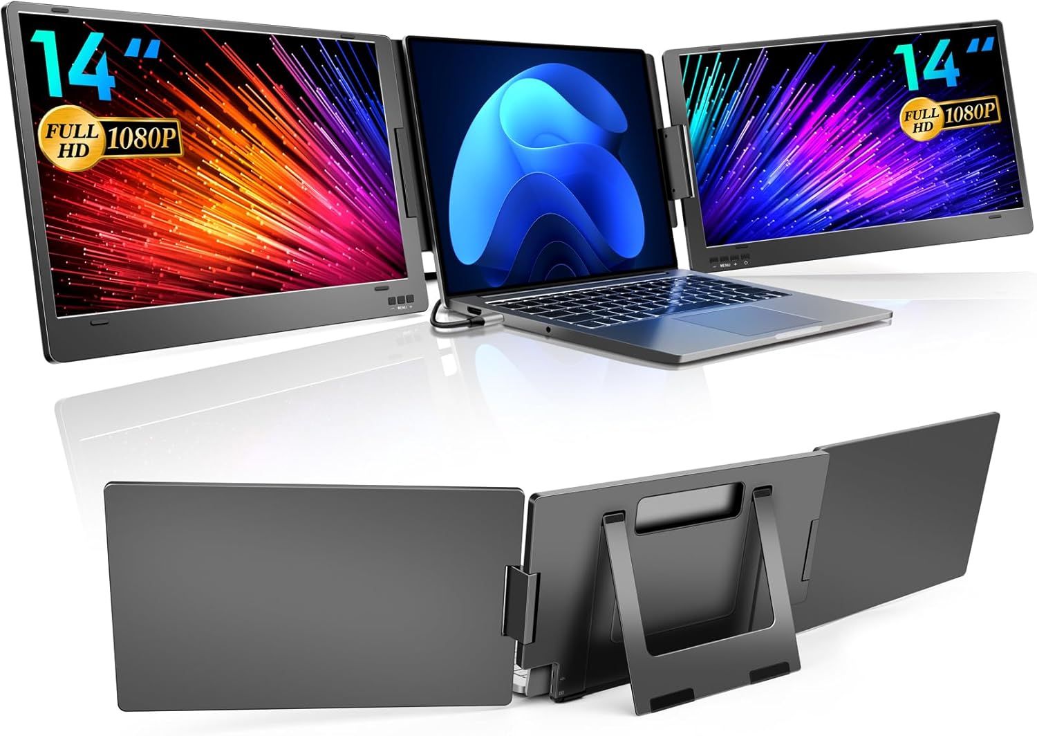 Two images of a triple monitor setup, with a front view on the top and a rear view on the bottom. The front-view shows three screens with colorful wallpaper.