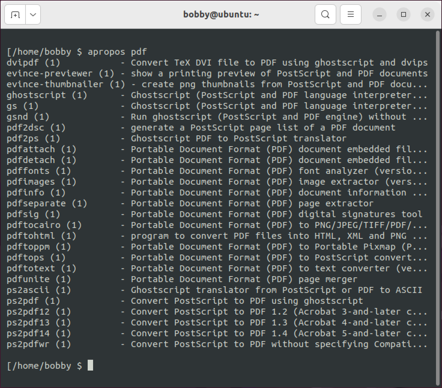 Output from the Linux apropos command showing other commands related to the keyword "pdf."