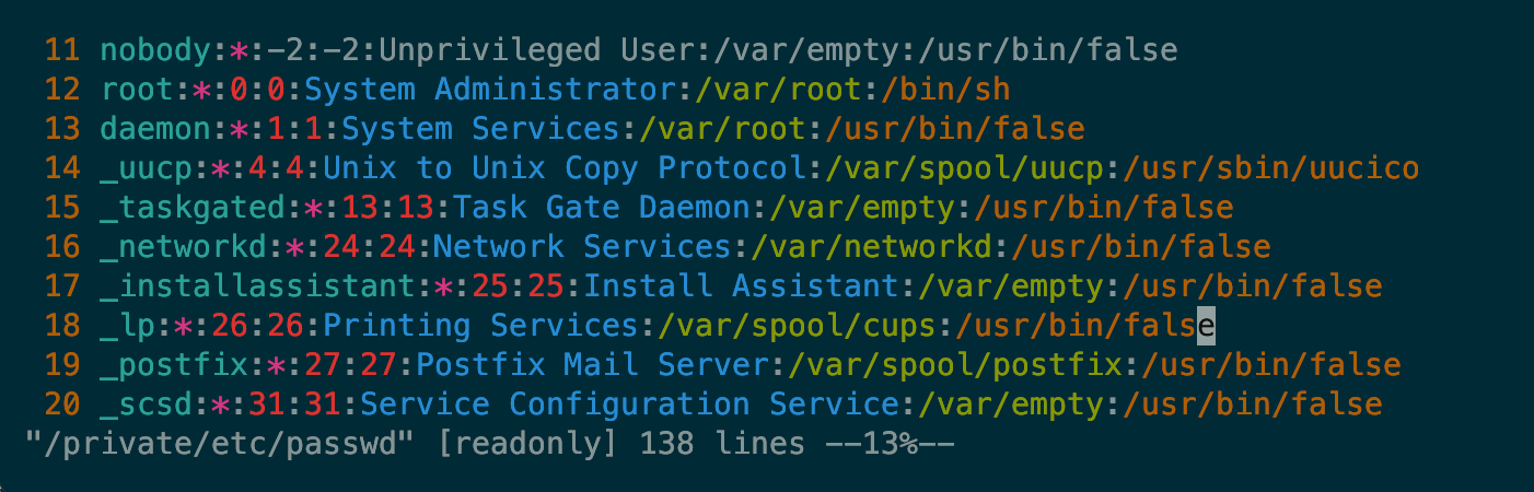 Example content from the Linux /etc/passwd file shows one record per line with each field separated by a colon character.