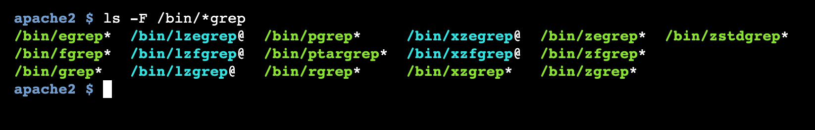 The Linux ls command with the -F option which adds a "*" at the end of executables and an "@" at the end of links.