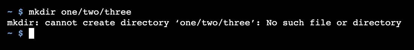 The Linux mkdir command showing an error when trying to create a deep subdirectory.