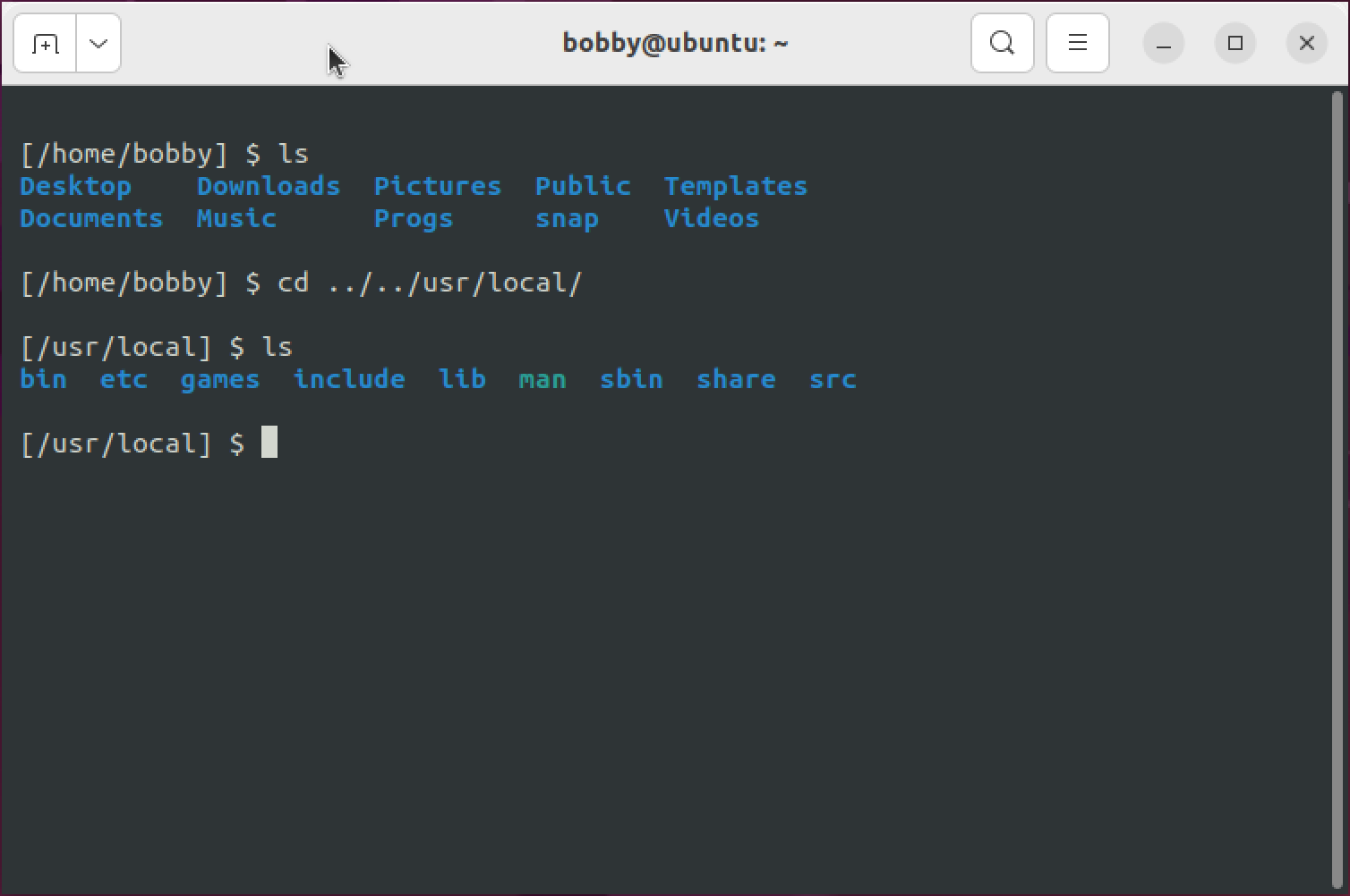 A Linux terminal showing a custom prompt containing the full path of the current directory.